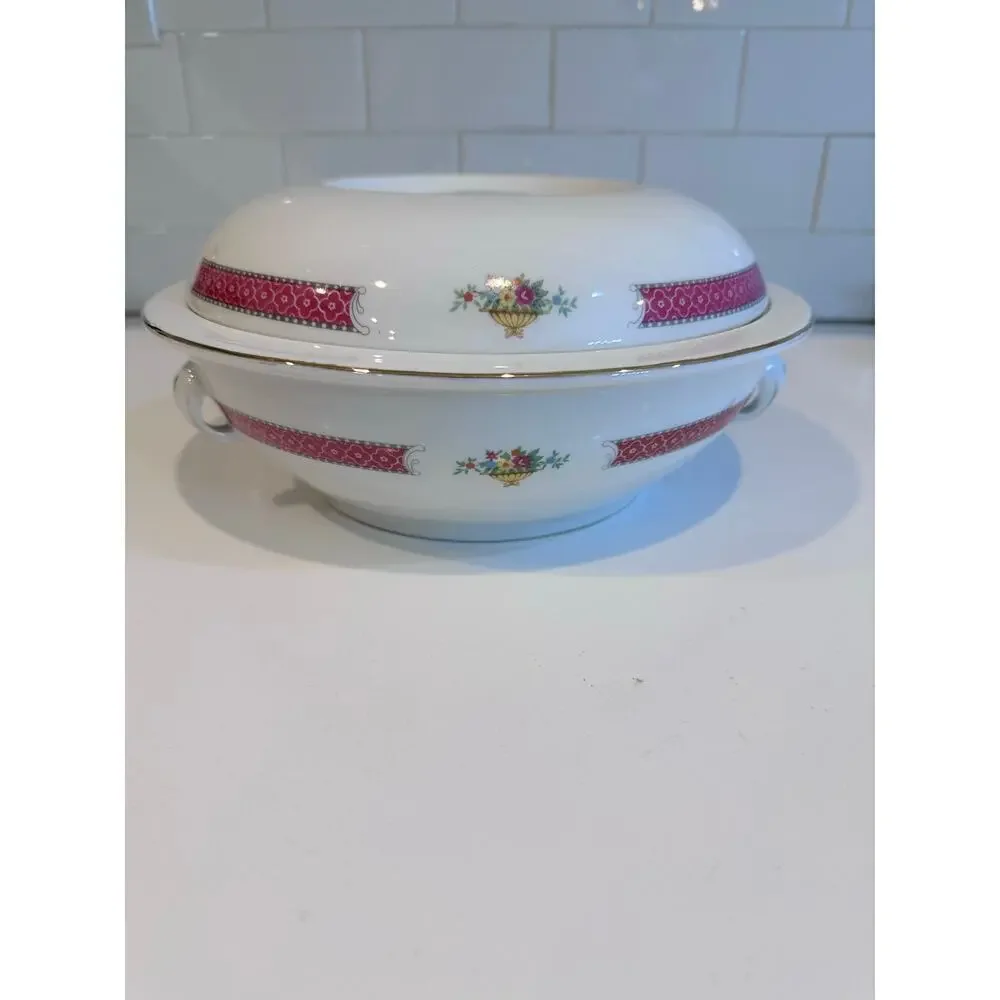 Vintage Covered Dish Multi-Colored Floral Transfer Ware